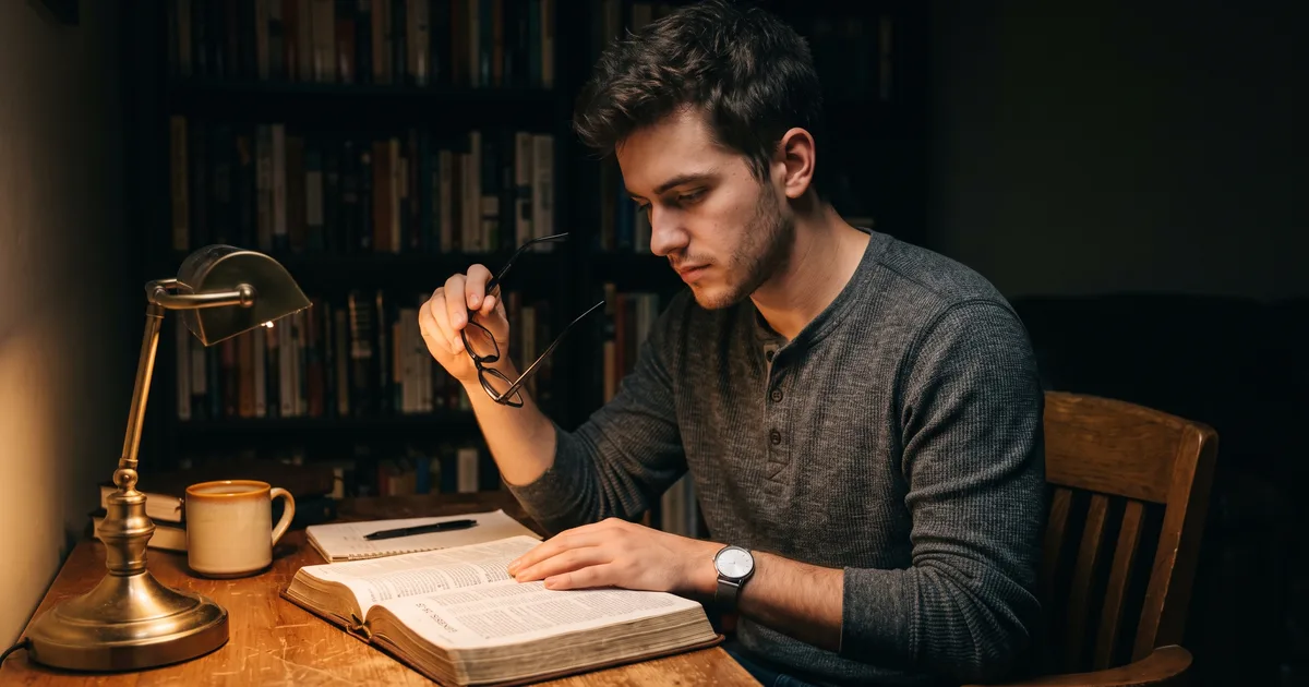Hombre joven leyendo noche leyendo la Biblia