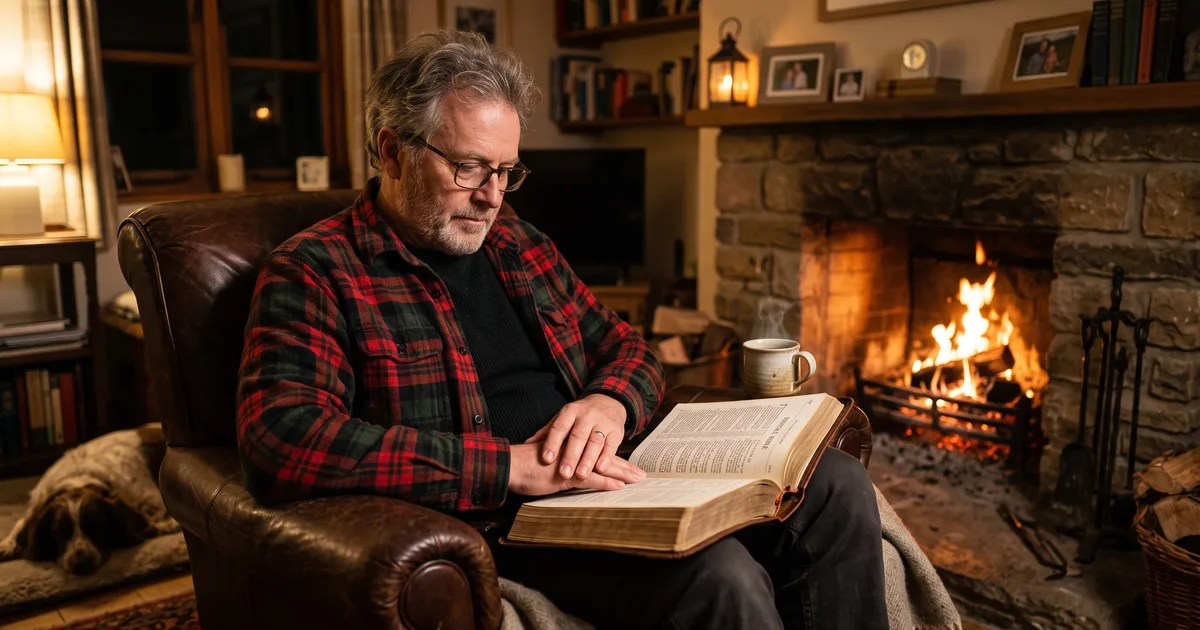 Hombre sillon chimenea leyendo la Biblia